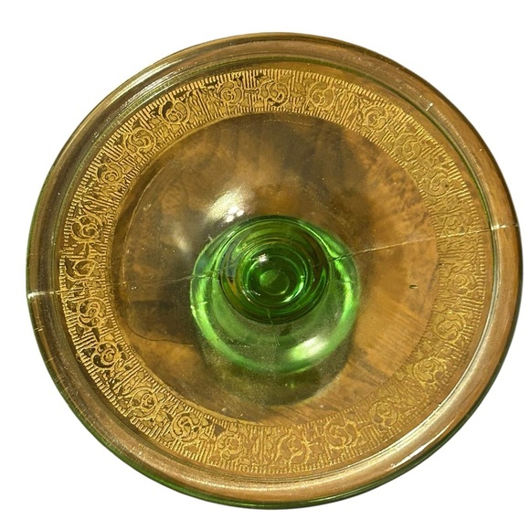 Antique Depression Glass Candle Stick Holders Set of 2 Green With Gold Scrolling - Picture 4 of 4